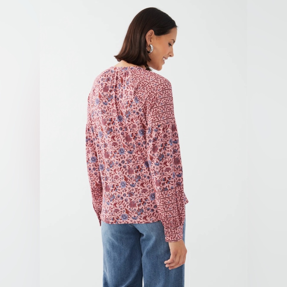 Boden Floral Printed Pink Jersey Blouse Long Ballon Sleeve Boho Button Up Top - Picture 3 of 9
